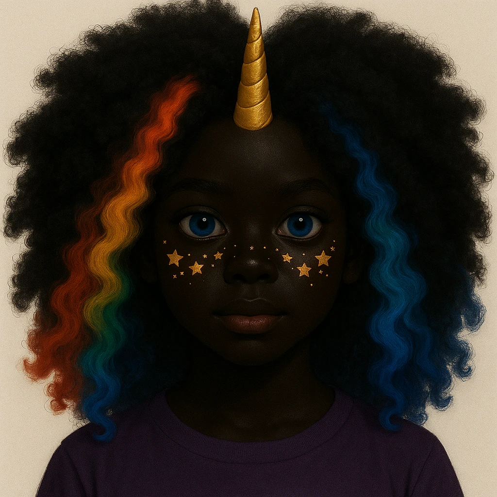 Change the character's skin to a deep black tone and give her fluffy, voluminous hair while keeping the rainbow hair, gold unicorn horn, blue eyes, and star freckles. Maintain the original style and details. emoji