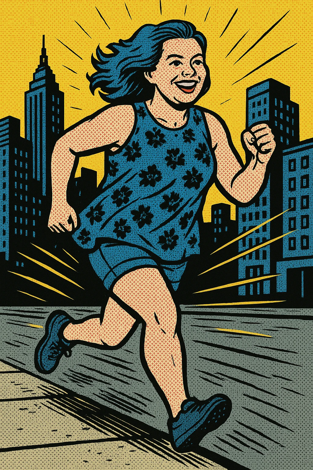 Woman with blue hair running in a city emoji