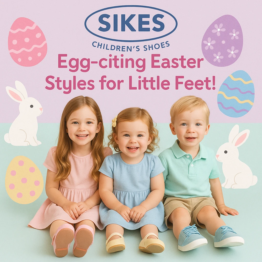 Easter-themed Instagram post for Sikes Children's Shoes with pastel background, logo at top, children wearing pastel shoes, surrounded by Easter eggs and bunnies, headline: 'Egg-citing Easter Styles for Little Feet!'. Include uploaded logo. emoji