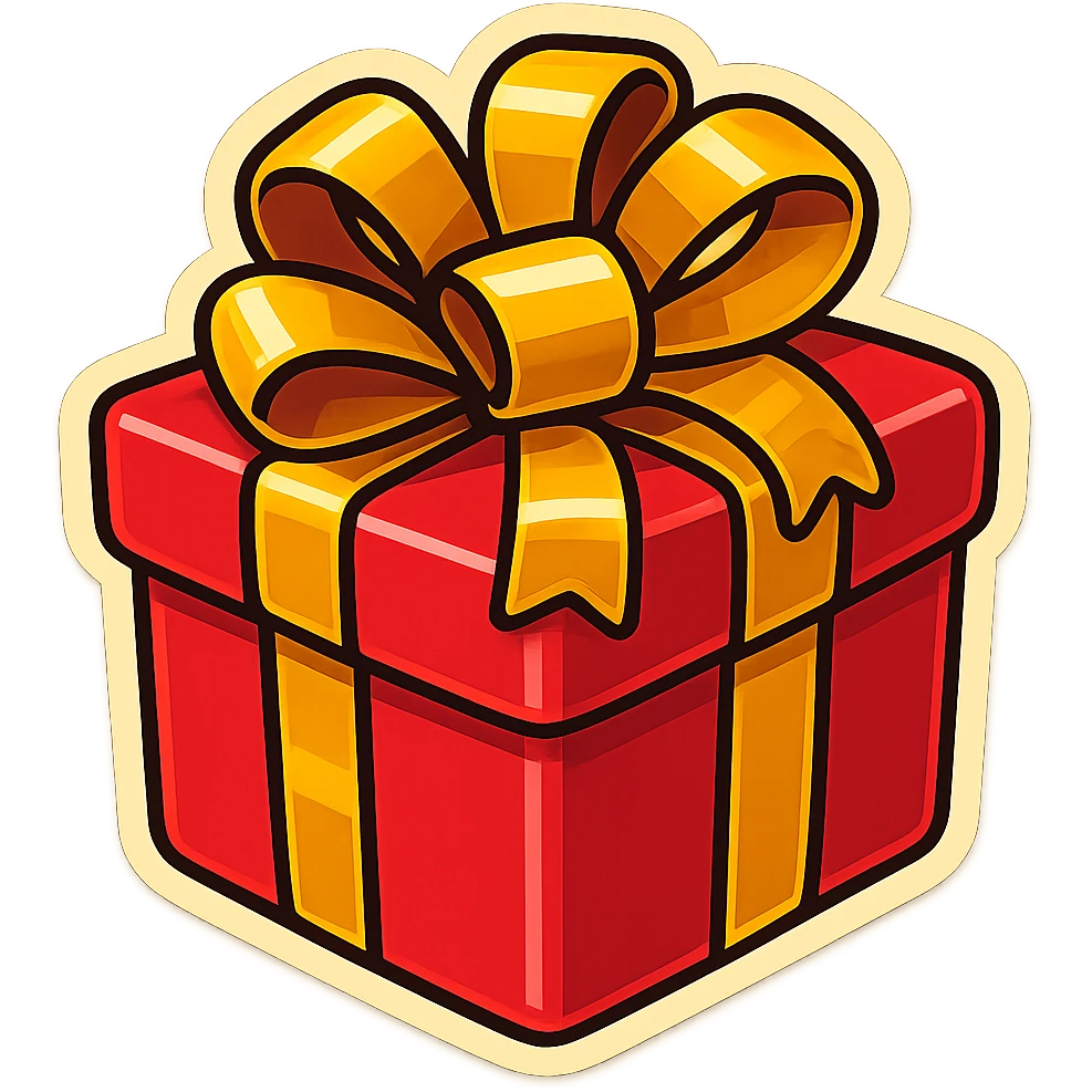 Make this gift emoji cartoony, with a primary color of red for the box and a secondary color of yellow for the ribbon, keeping the style playful and bold in retro stickers style. emoji