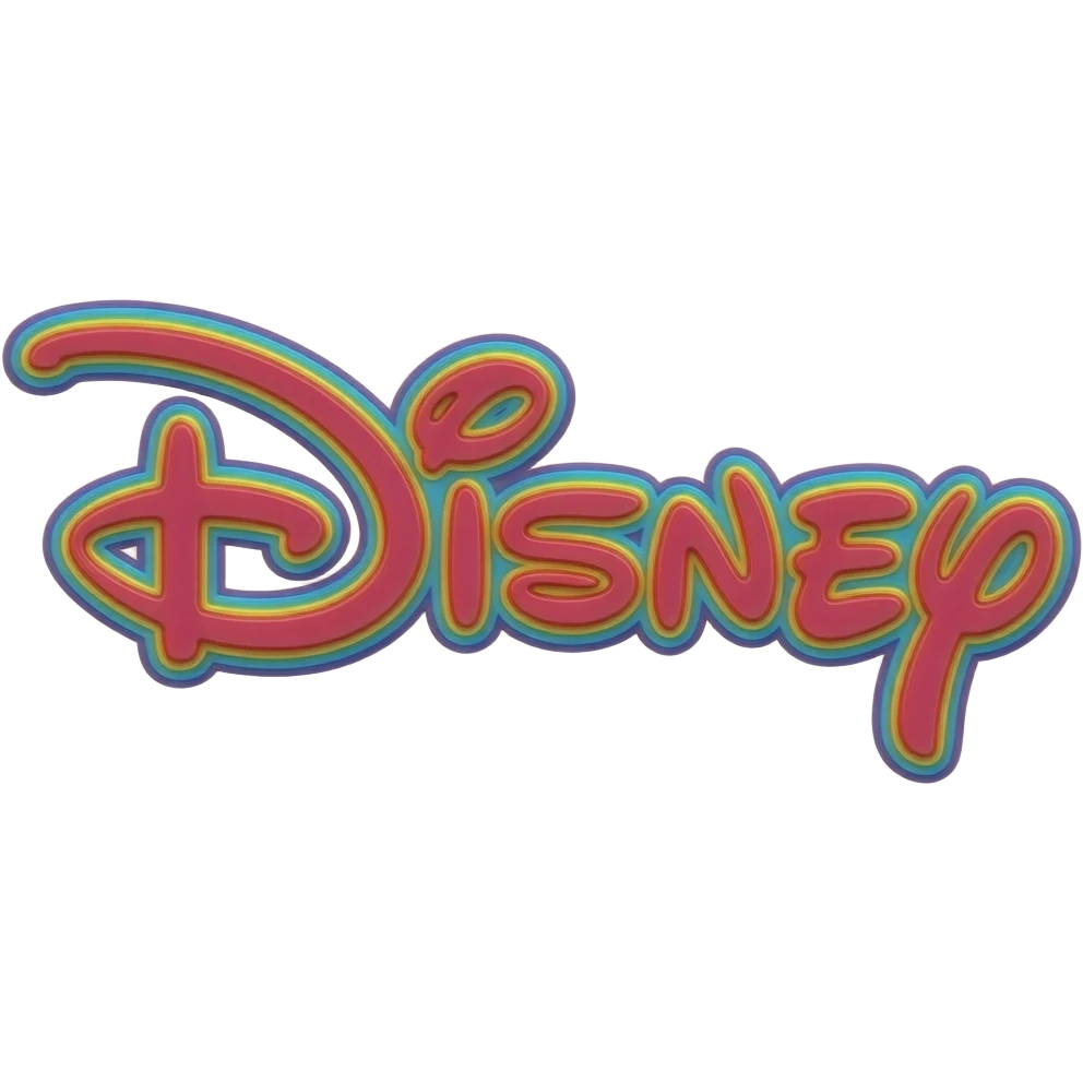name "disney" in neon hot pink red 3D style typography lettering, each color of the rainbow as a border outlined around each letter, isolated, 3d rendering, no emoji icons no emoji faces and must have no human figures emoji