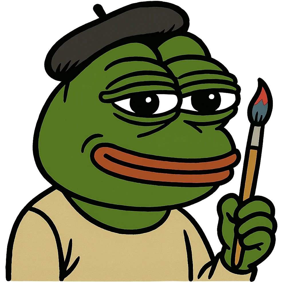 Pepe the Frog as an artist with beret and paintbrush, meme style emoji