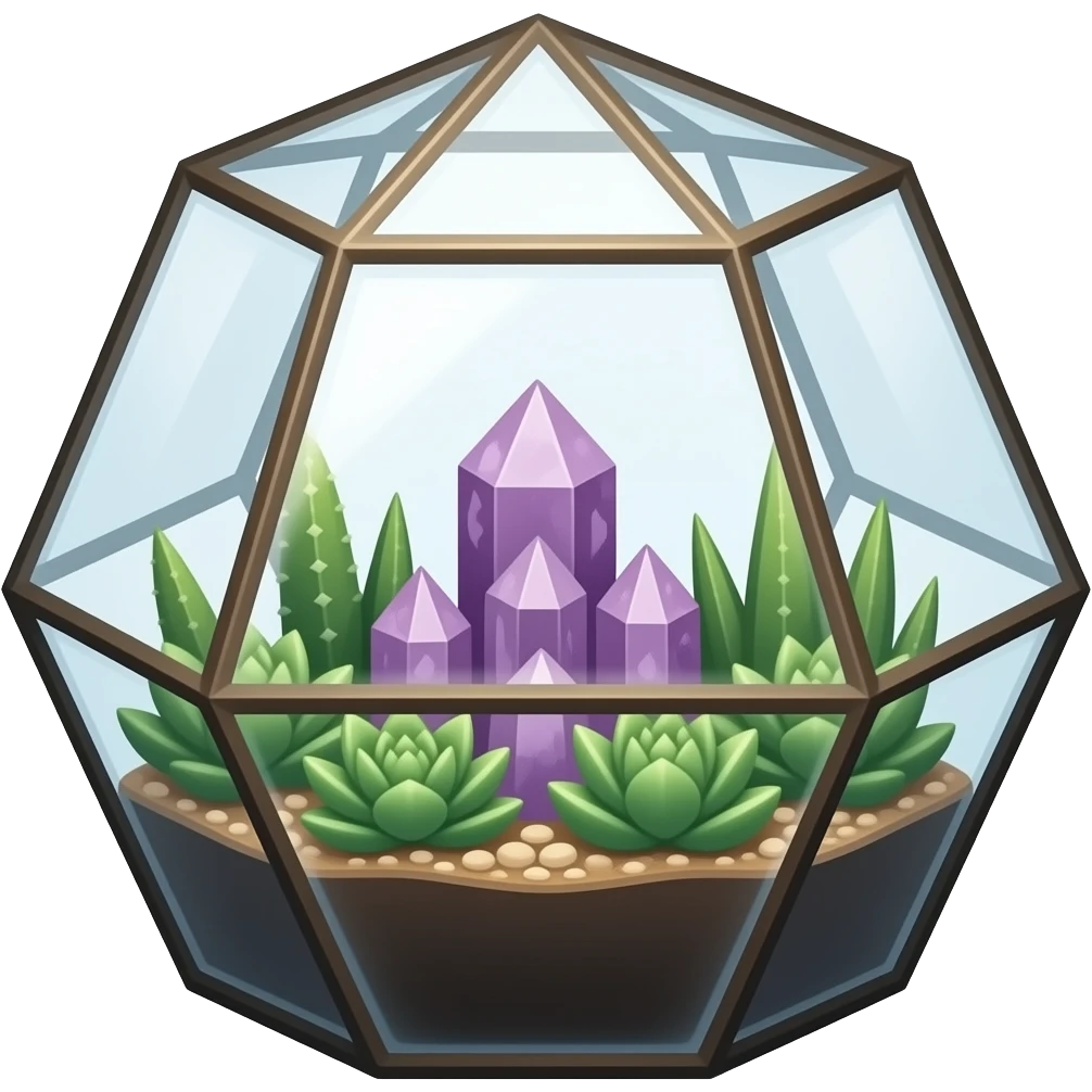 succulent geometrical terrarium with amethyst cluster inside emoji
