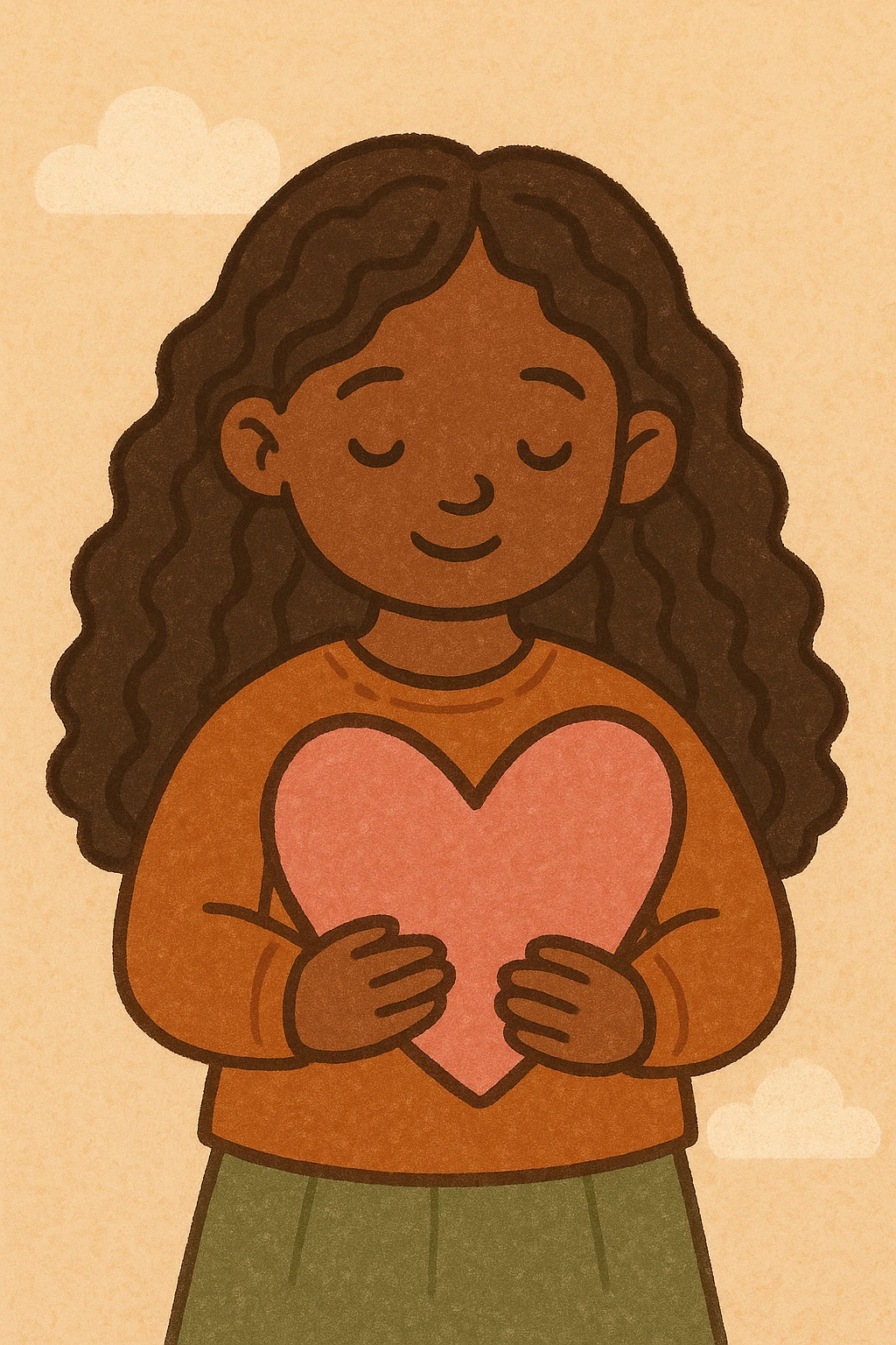 A cute black girl with long curly hair holding a pink heart, warm and friendly style, soft warm colors, inviting and gentle expression emoji