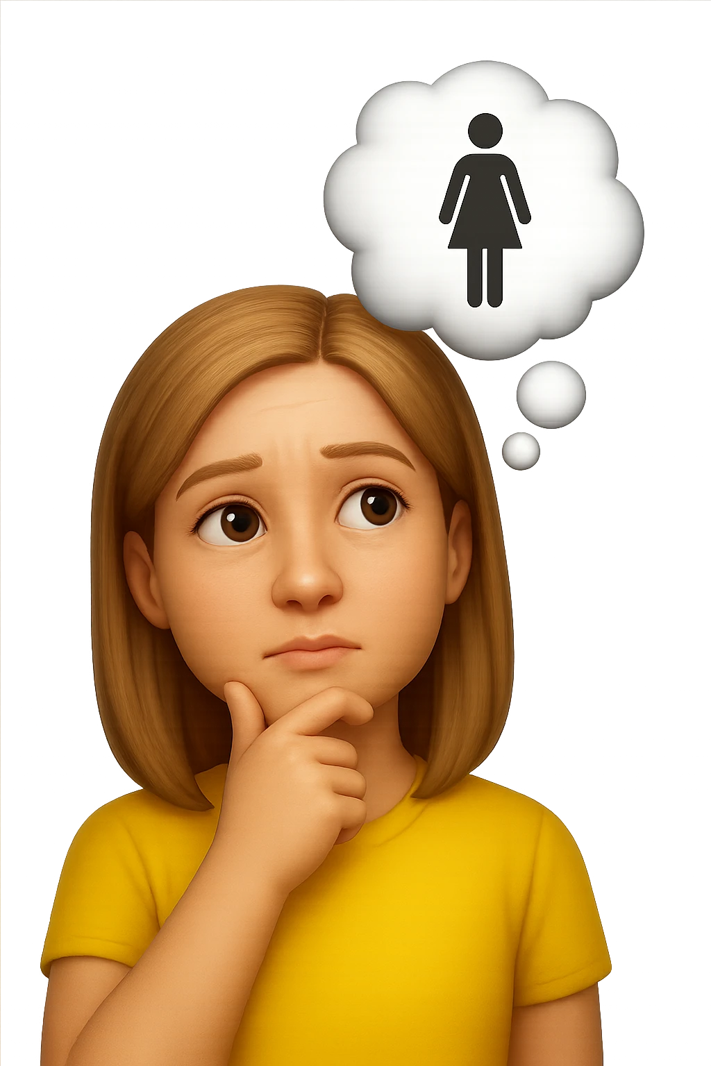 emoji stile iphone di una donna con nuvoletta di pensiero con all'interno la toilet per donne, iperrealistico 4k emoji