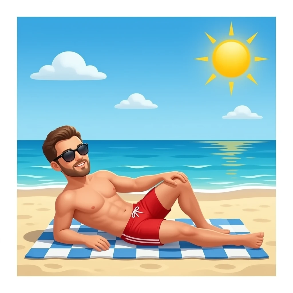 Erstelle ein Bild von einem Strand, mit im Bild ist ein Mann zusehen der sich im liegen sonnt, er trägt rote enge speedo und Oberkörper frei und trägt eine Sonnenbrille emoji