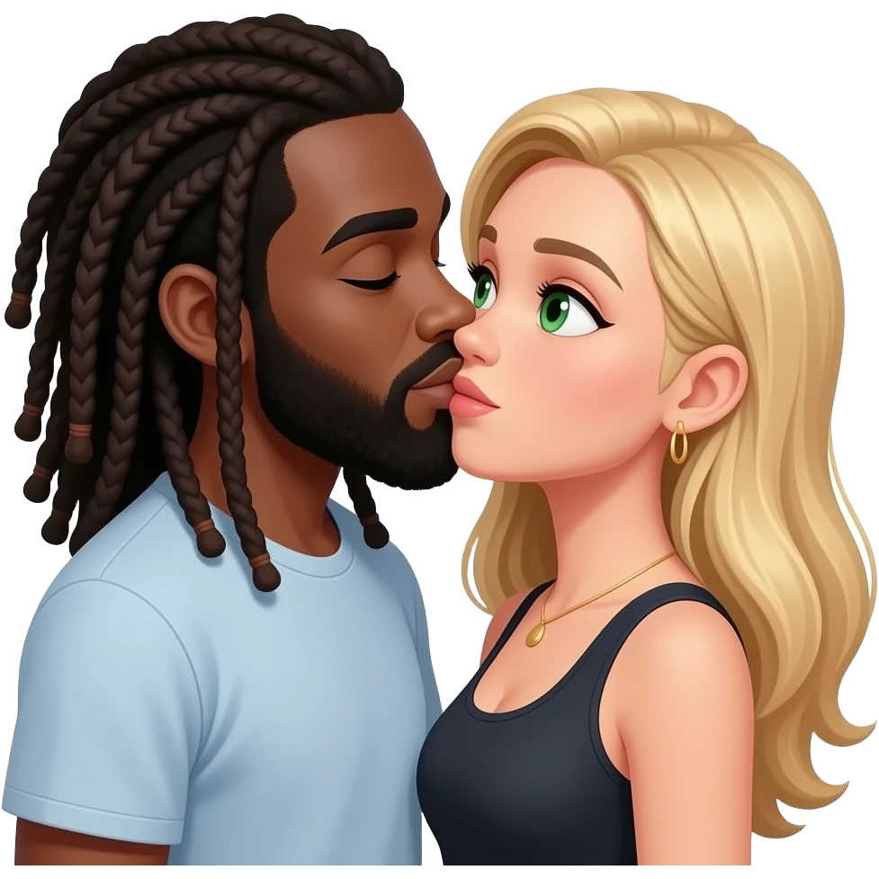 black guy with long dreads and beard only kissing girl with long blond hair and green eyes emoji