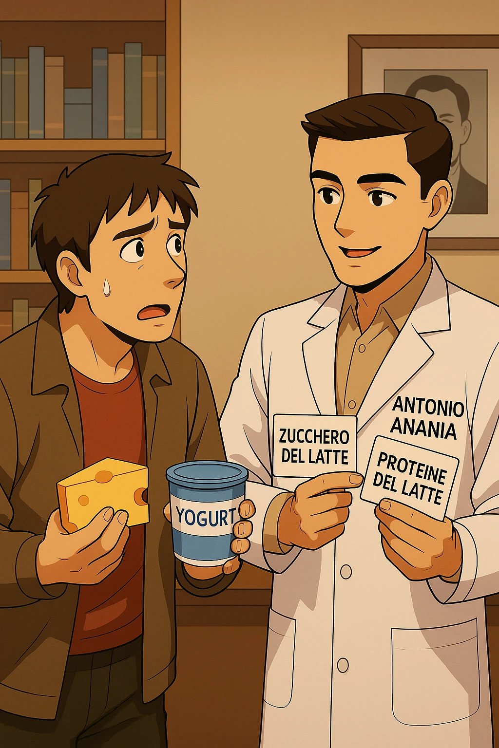 fai un webtoon manga a colori con questo stile, in cui un uomo fa una domanda al kinesiologo con il camice bianco (fagli anche la scritta "ANTONIO ANANIA" SUL CAMICE, l'uomo chiede una cosa mostrando un formaggio e uno yogurt al kinesiologo con il camice, IL KINESIOLOGO annuisce e SPIEGA ALL'UOMO UNA cos. L'UOMO ha un ESPRESSIONE CONFUSA IN VOLTO. non fare i fumetti però, fai solo in modo che sembri stiano parlando emoji