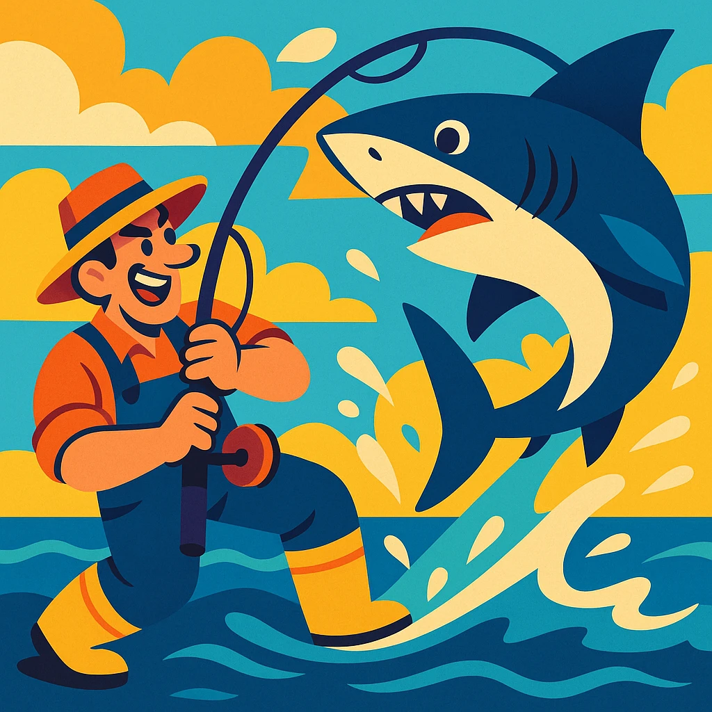 a fisherman gripping a pole, reeling in a shark, dynamic and colorful illustration emoji
