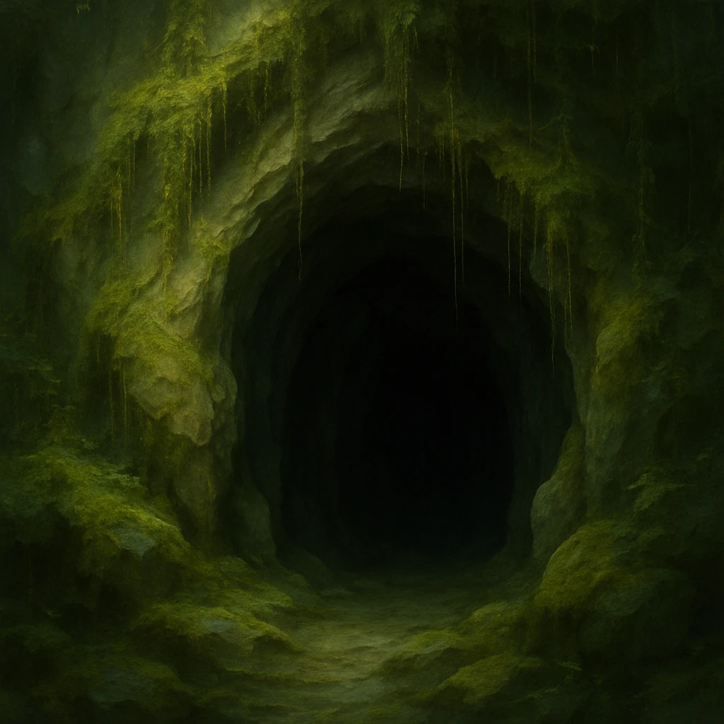 a mysterious cave entrance, natural rock, dark opening, moss and vines, fantasy style emoji