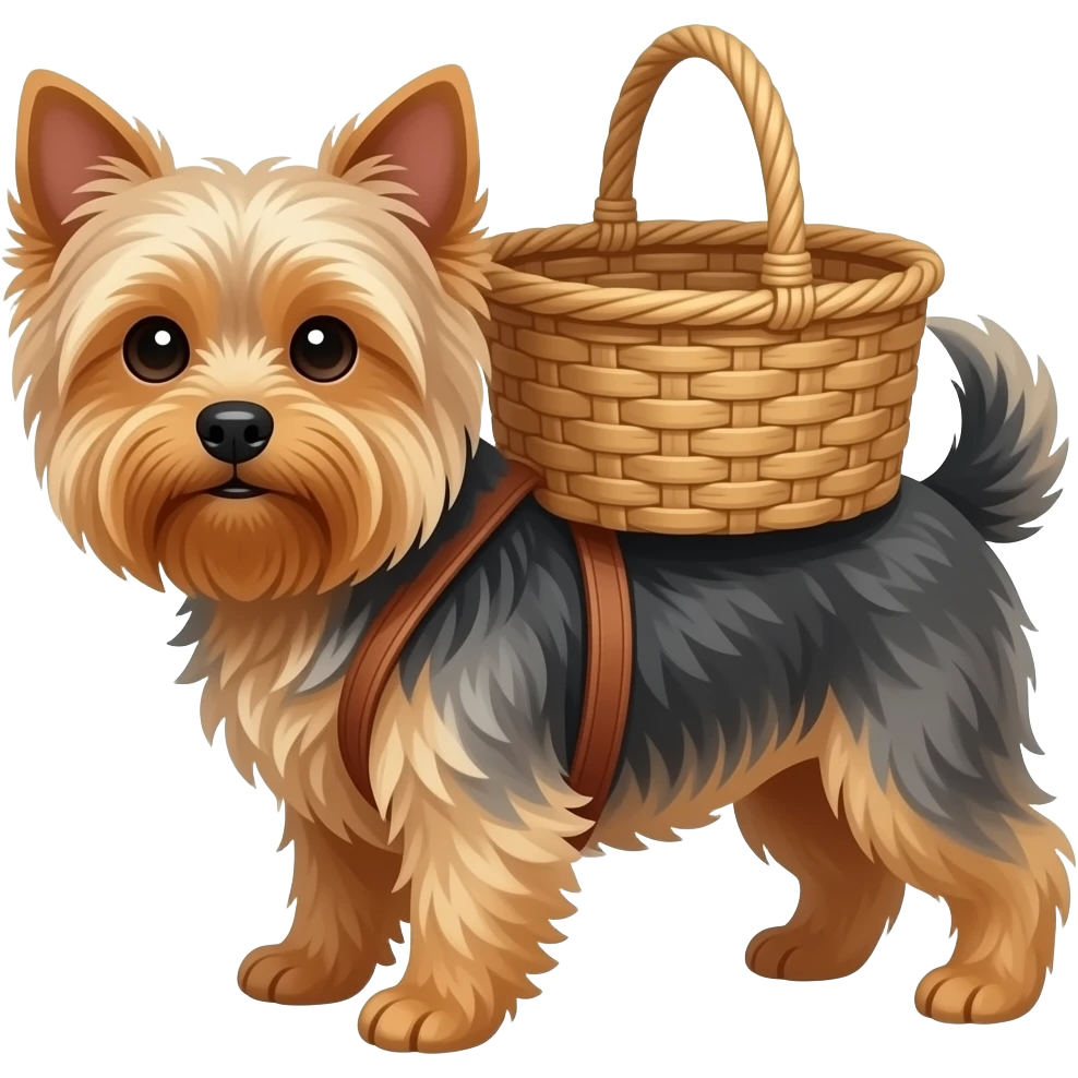 Собака Йорк на ім'я Баксик з плетеним кошиком на спині emoji