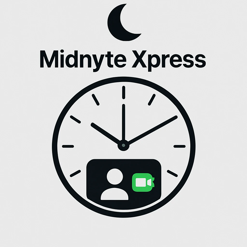 Clock at midnight with a FaceTime video call window as the clock face, 'Midnyte Xpress' in bold above, half moon above the text. Sleek, digital-inspired, minimalist, tech-forward, modern, clear, visually balanced design. emoji