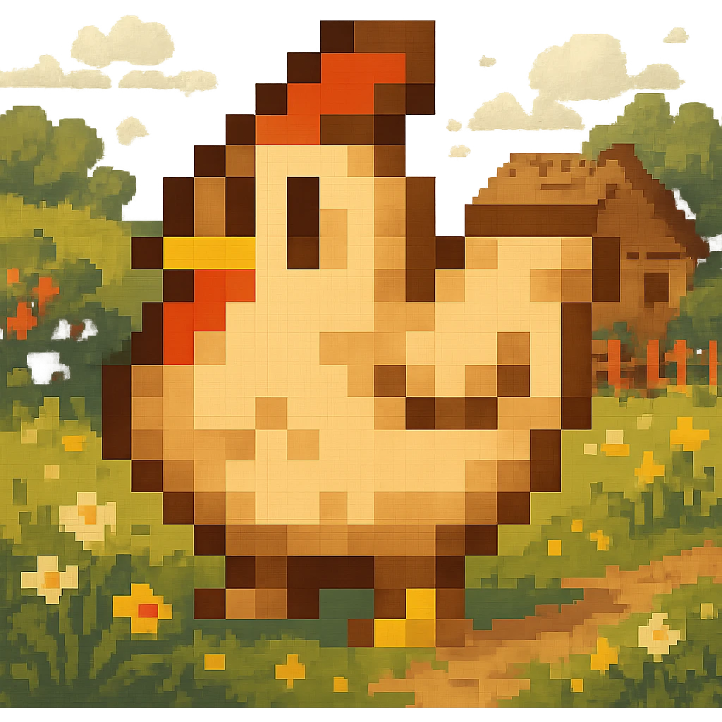 Using a transparent background, re-imagine this pixelated chicken in a cottage core setting emoji