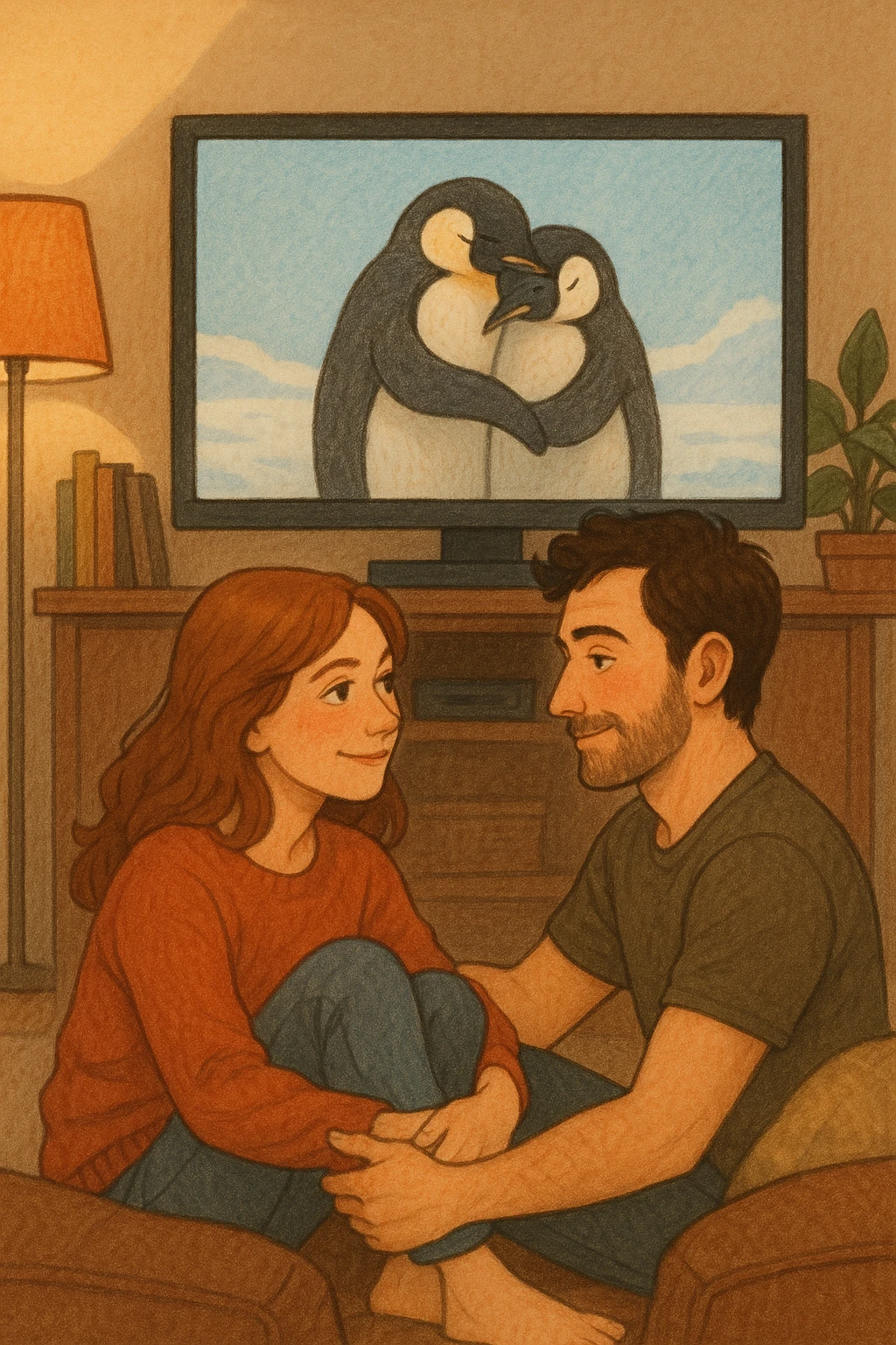 Vertical format: A couple watching an animal documentary on TV, on the screen two penguins hugging, the couple exchanging a look of complicity. emoji