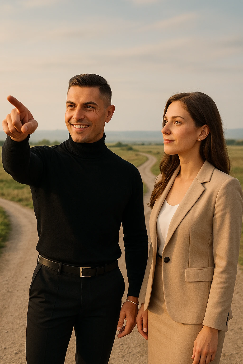 Editorial photo of a confident man standing at a crossroads, pointing decisively toward a clear path ahead. Beside him, a woman looks at him with trust and readiness to follow. Both are well-dressed, the setting is an open landscape with soft, natural light. The mood is one of leadership, guidance, and partnership. emoji
