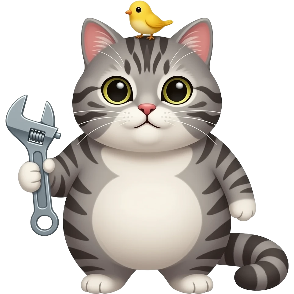 a cute loveable fat gray tabby cat with a small yellow bird on his head, holding a spanner. the image must be a transparent .png. no light or dark border or outer glow or stroke around the image contour emoji