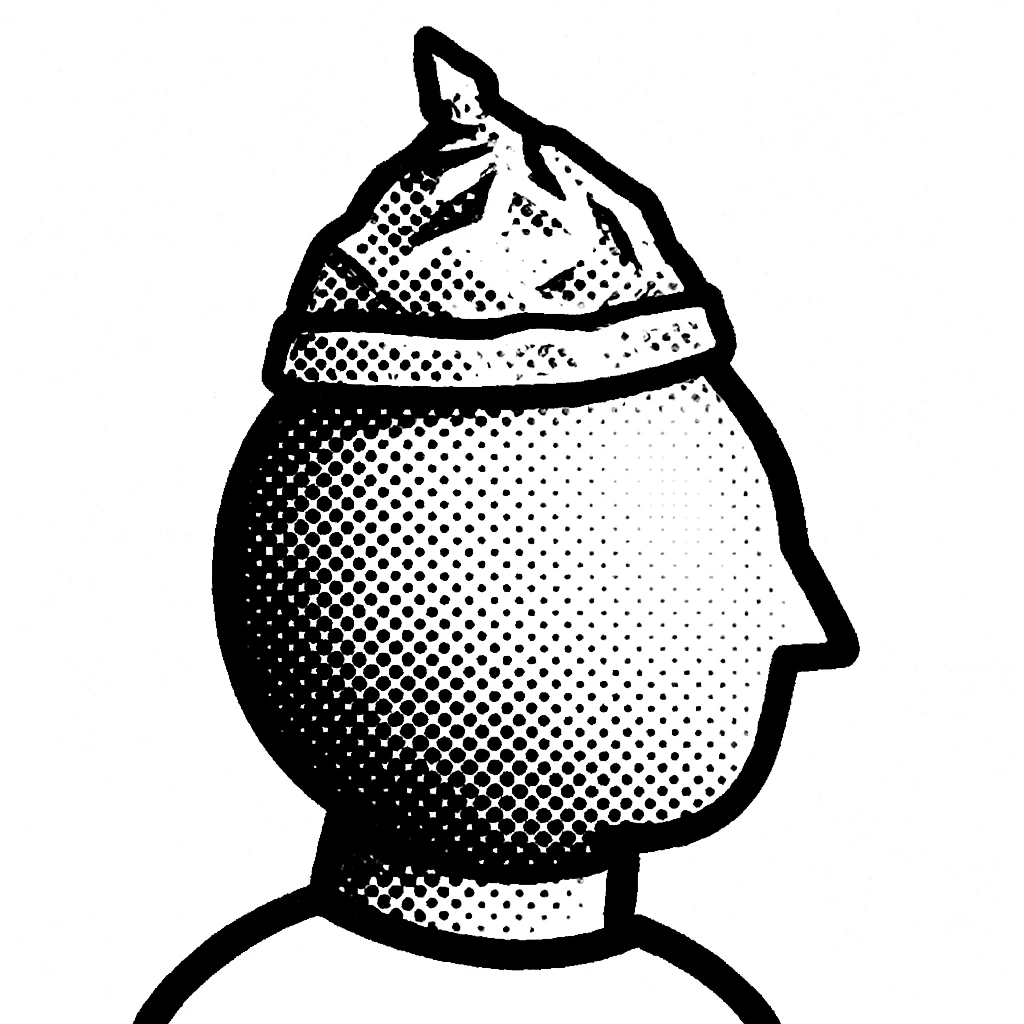 A black and white sphere with a head shape, wearing a small foil hat emoji