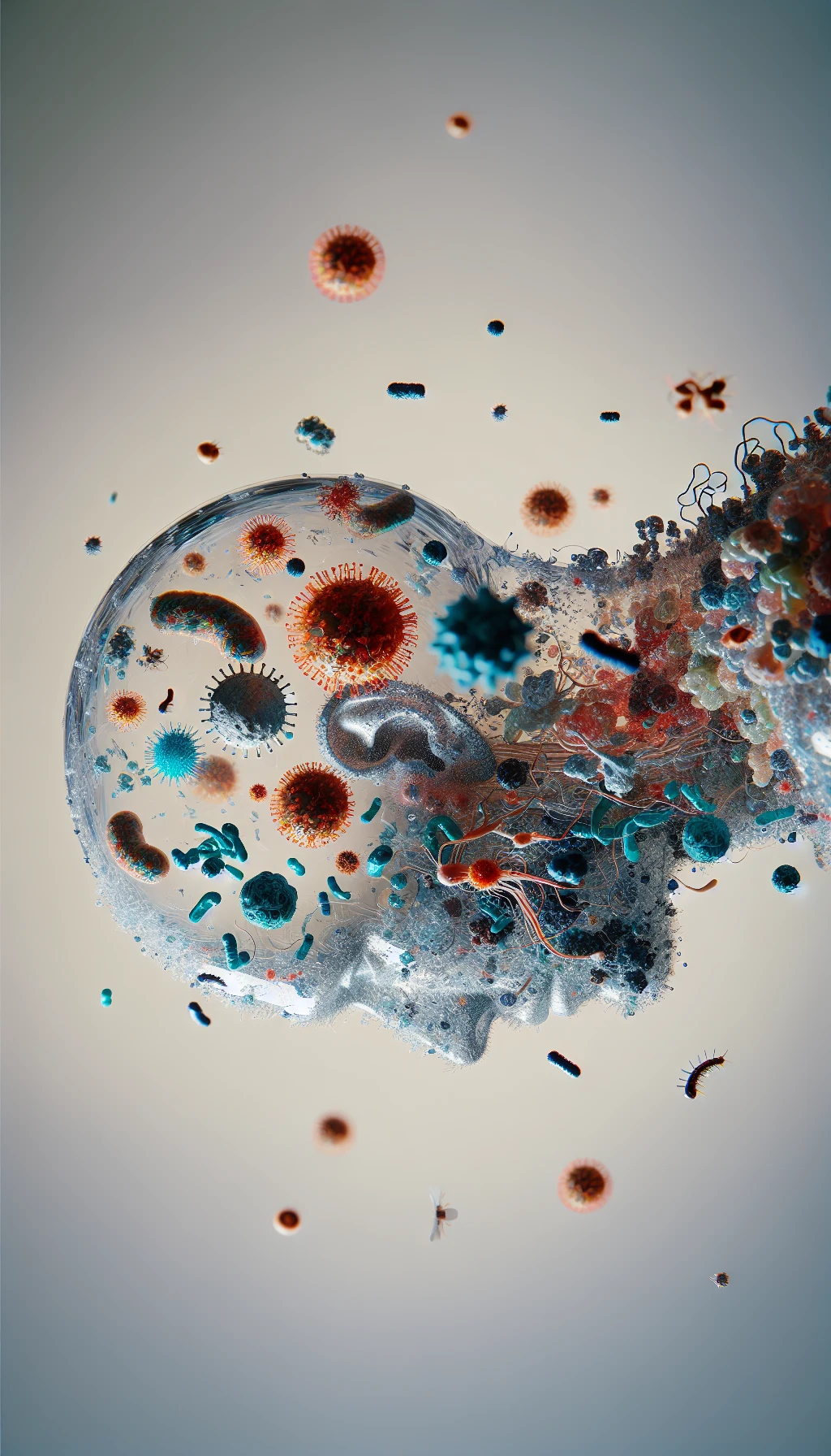 corpo umano anatomico di profilo con virus e parassiti che cercano di attaccarlo , sfondo neutro chiaro, iperrealistico 4k emoji