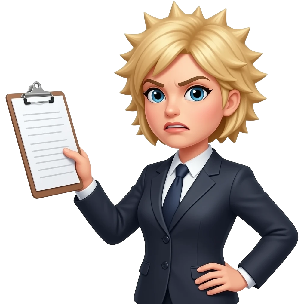 Blonde short hair that is standing up and spiked all over, female lawyer withone hand on her hip and the other hand dropping a legal pad with disgusted look on her face emoji