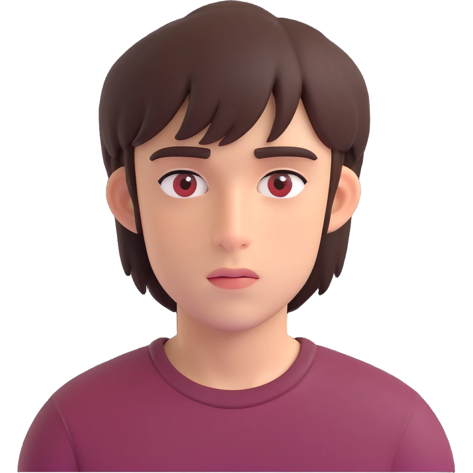 A boy with bangs covering his eyes, long hair sticking out at the back, and long sideburns. He has brown eyes and dark brown hair. He is wearing a maroon t-shirt and has an elongated jaw. He has two moles on the right side of his face, one below the eye and one on the cheek. emoji