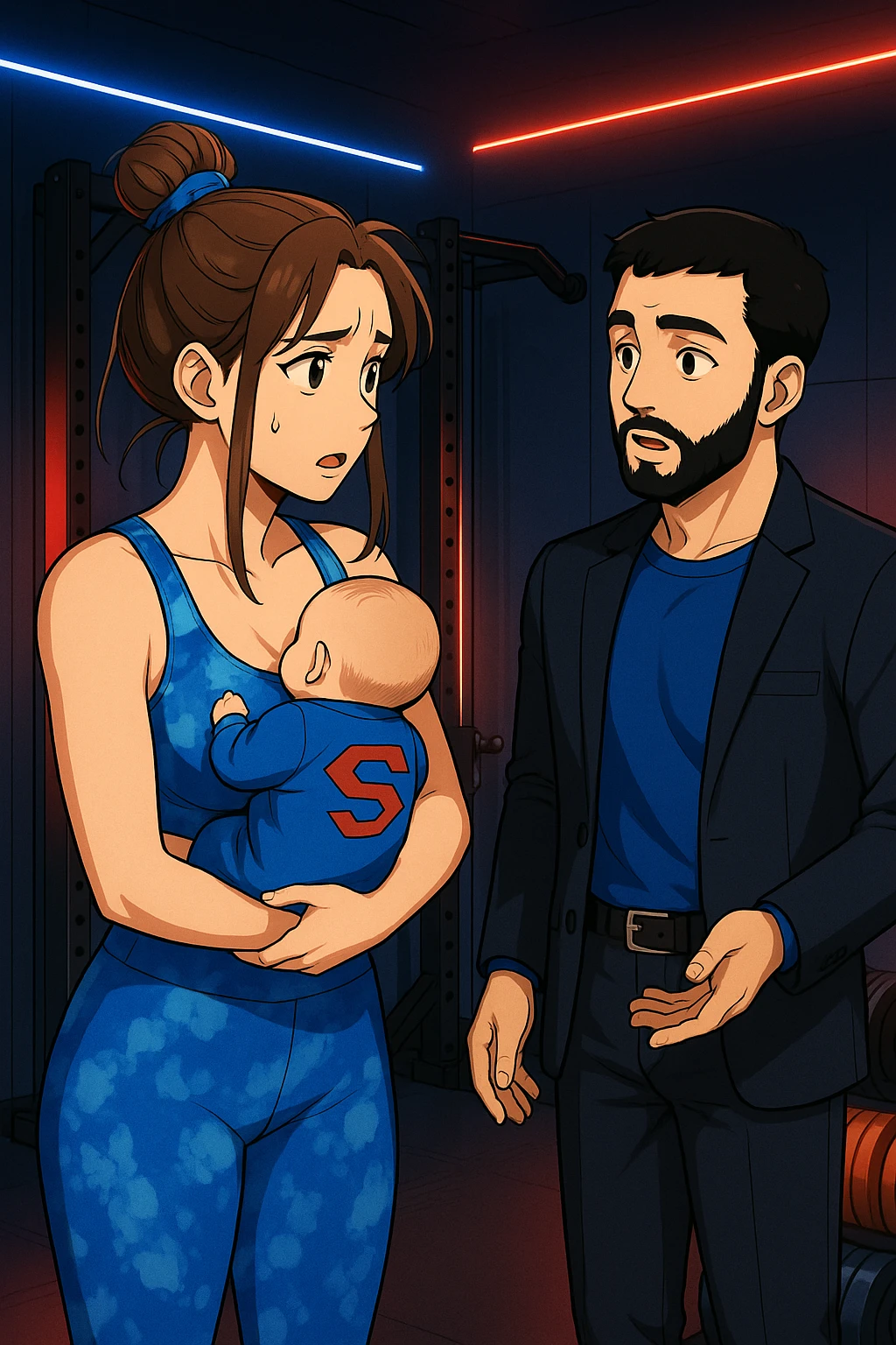 ispirati a questo stile di disegno e fai questa immagine in versione manga/webtoon a colori, il manga mostra la donna preoccupata con un neonato in braccio con una tutina azzurra e la scritta "S" sulla schiena, la donna gli sta facendo una domanda all'uomo, ma non fare i fumetti, fai come se stessero parlando emoji