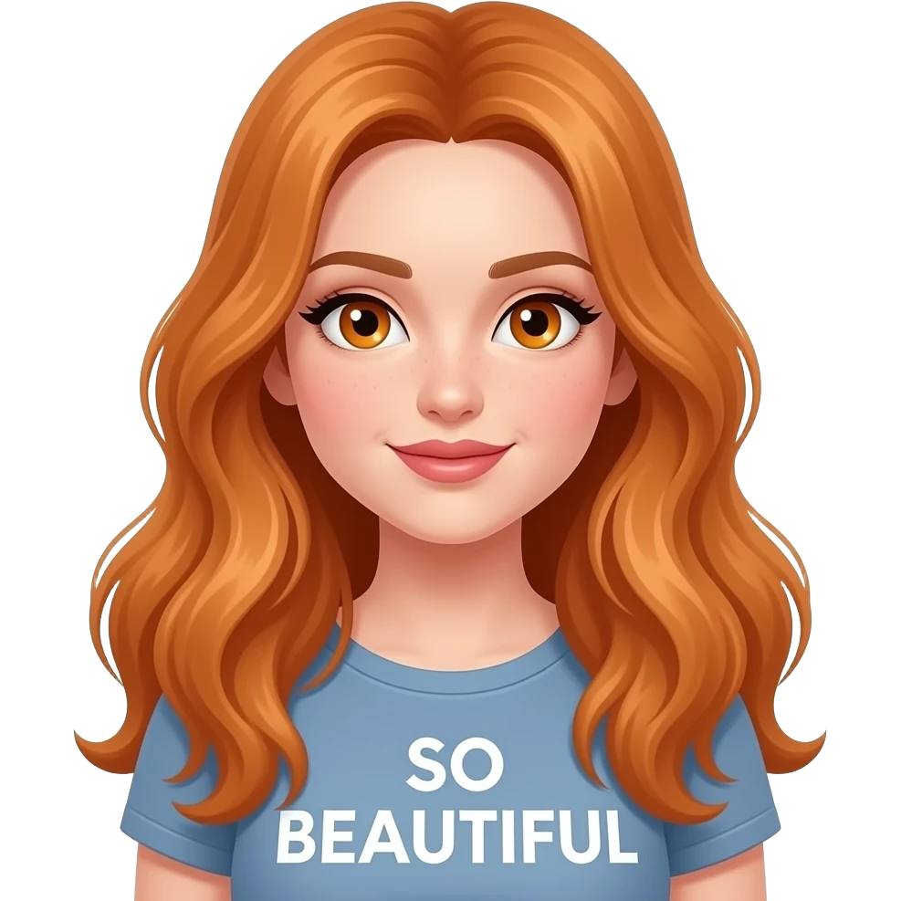 sexy girl with long ginger hair and ginger eyes a top with SO BEAUTIFUL written on it emoji