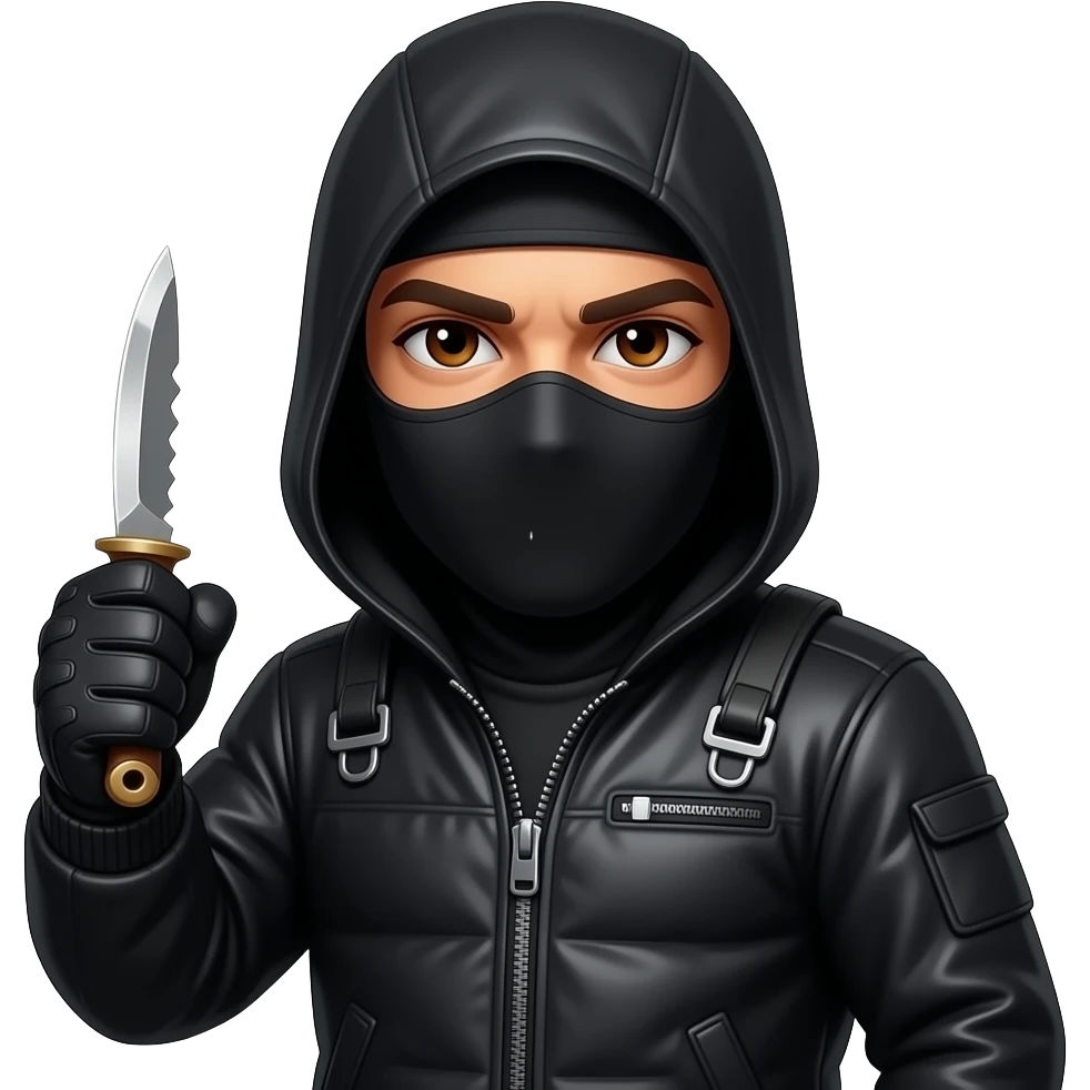 Spanish Man brown eyes wearing all black in balaclava hood and gloves with karambit emoji
