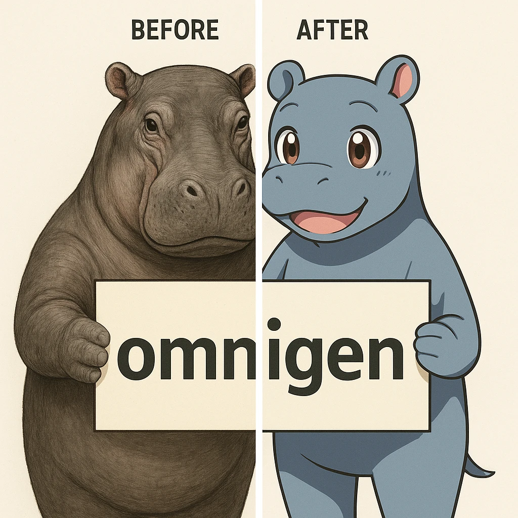 two hippo holding sign of omnigen, half picture 1 hippo is realistic another half is the anime of that same second hippo, with before after mark emoji