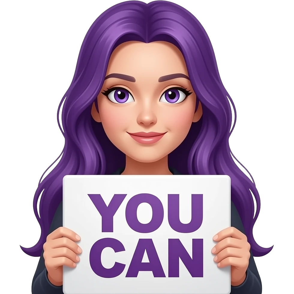 sexy girl with long purple hair and purple eyes holding YOU CAN sign emoji