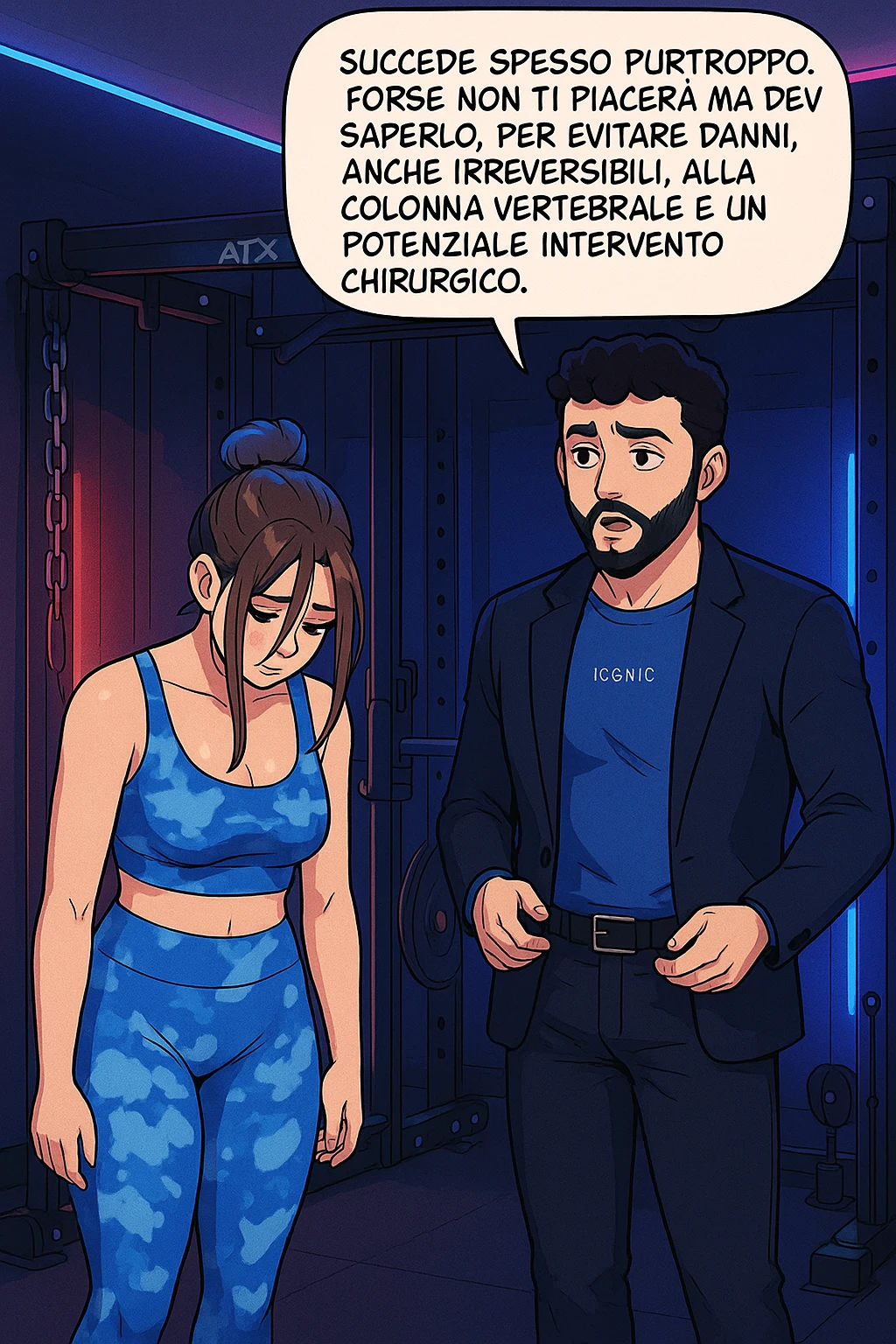 fai questa immagine in versione fumetto/manga/webtoon a colori, il manga mostra l'uomo che risponde alla donne:
Succede spesso purtroppo. 
Forse non ti piacerà ma devi saperlo, per evitare danni, anche irreversibili, alla colonna vertebrale e un potenziale intervento chirurgico. emoji