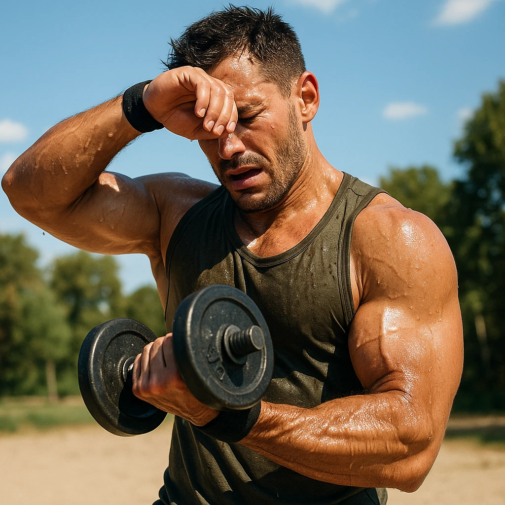 uomo fitness che si allena in estate, tutto sudato, con una mano fa un curl manubri mentre con l'altra mano si asciuga il sudore dalla fronte, espressione affaticata in volto emoji