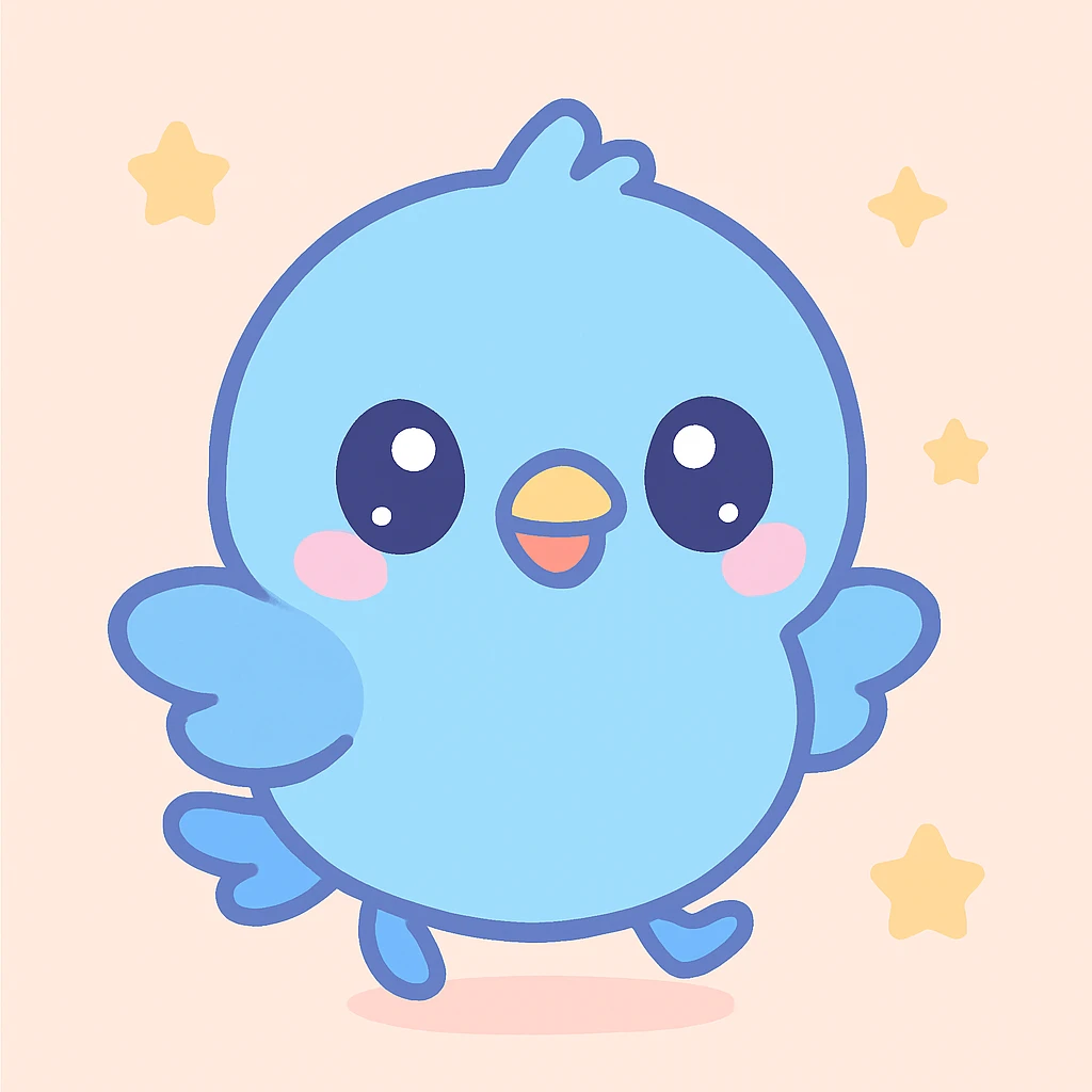 bouncy blue cute bird, kawaii style, simple and adorable emoji