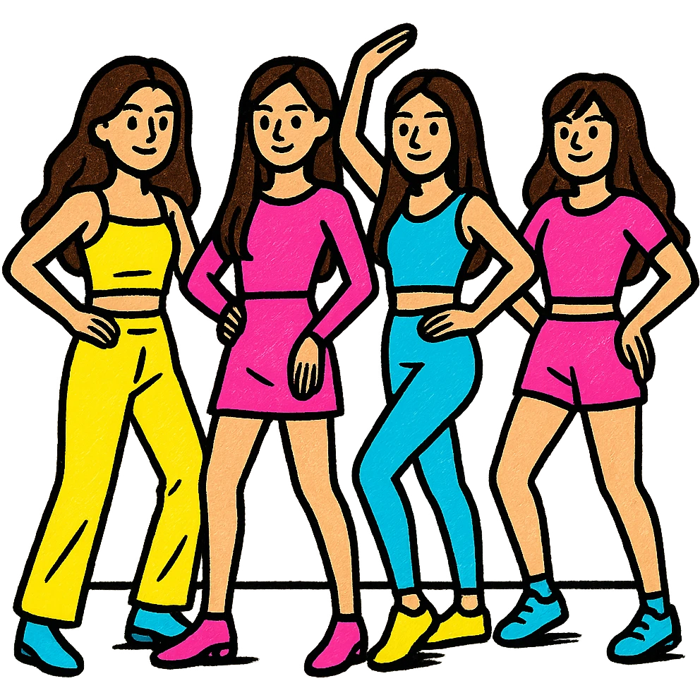 beautiful skinny women with long dark brown hair, kpop girl group at dance practice, sleek outfits, synchronized dance, studio setting, pop colors style emoji