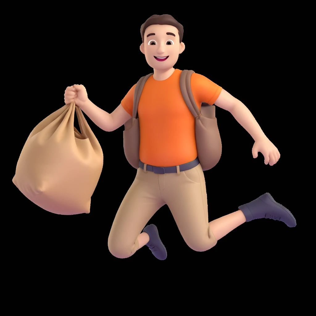 3D style man in mid-jump during a sack race, holding the sack tightly with both hands, smiling, white background emoji