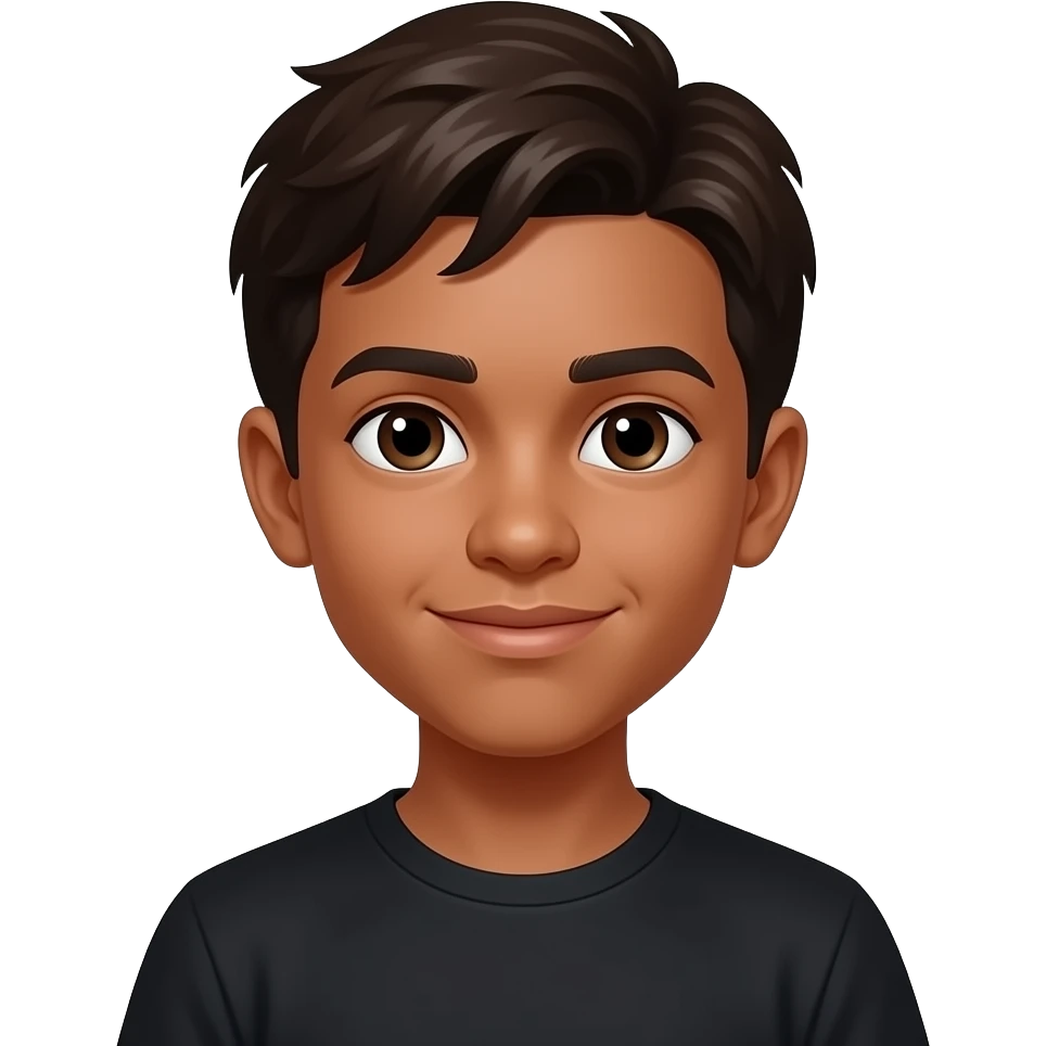 um menino de 13 anos com cara de 12, ele tem cabelo marrom escuro e pele negra, o olho dele  é castanho escuro e ele está usando uma camisa preta emoji