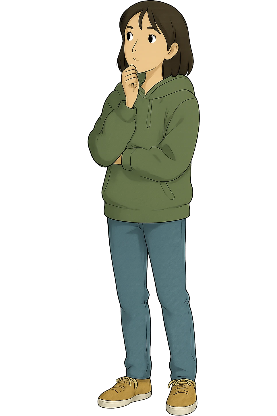 A full body image of a modern calm female teenager in a hoodie and jeans thinking emoji