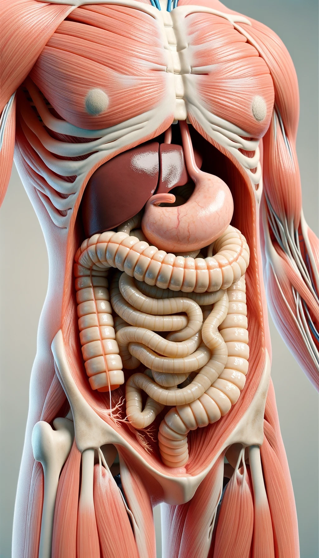 CORPO UMANO ANATOMICO Che mangia sushi crudo, vermi lunghi e beige chiaro nell'intestino a causa del sushi crudo, SFONDO CHIARO, iperrealistico 4k emoji