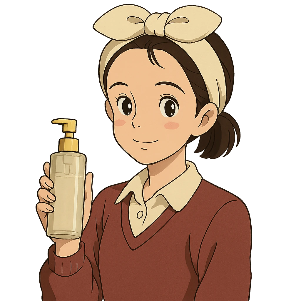 preppy girl with a towel headband, holding skincare bottle emoji