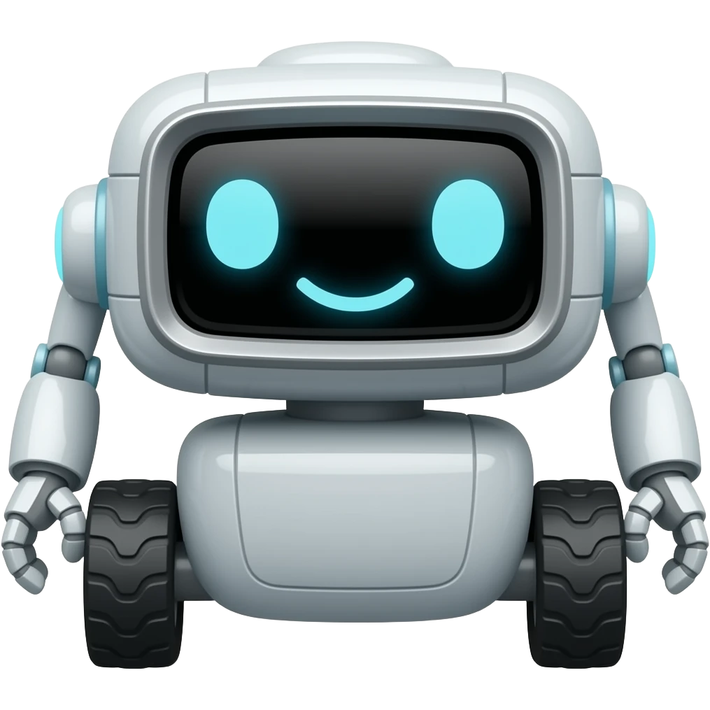 Wheeled solid rectangle robotic with a cute anime face screen emoji