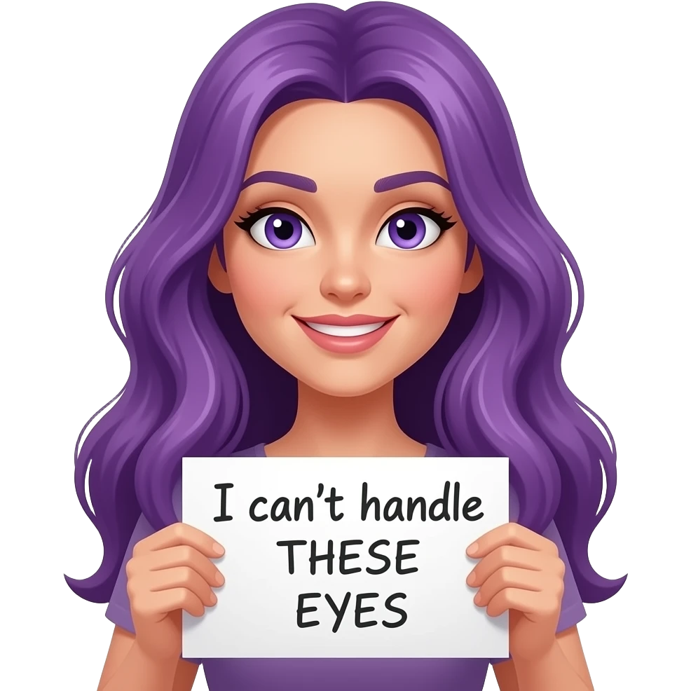 sexy girl with long purple hair and purple eyes holding a I can't handle THESE EYES sign emoji