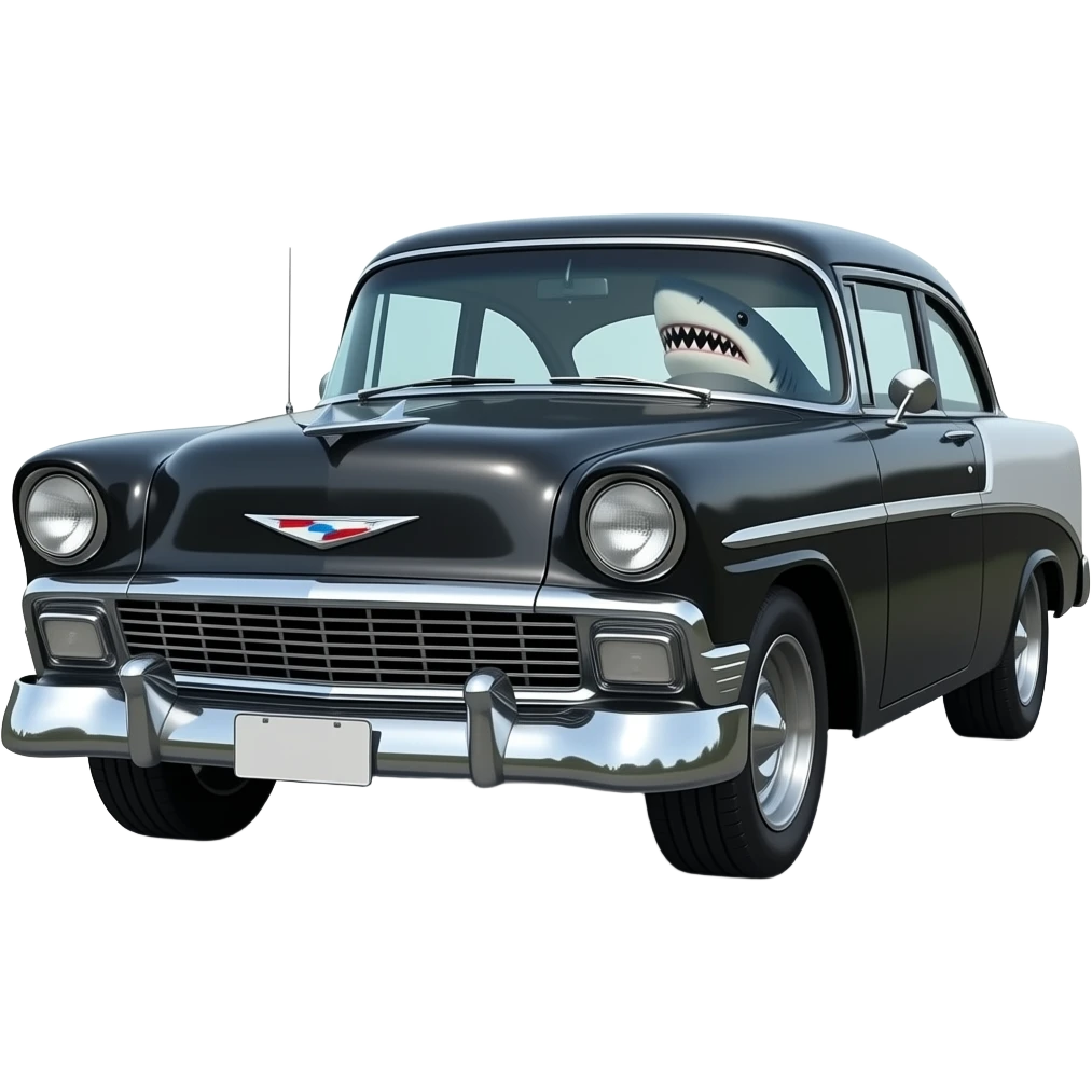 shark driving black 1955 chevy 3/4 view emoji