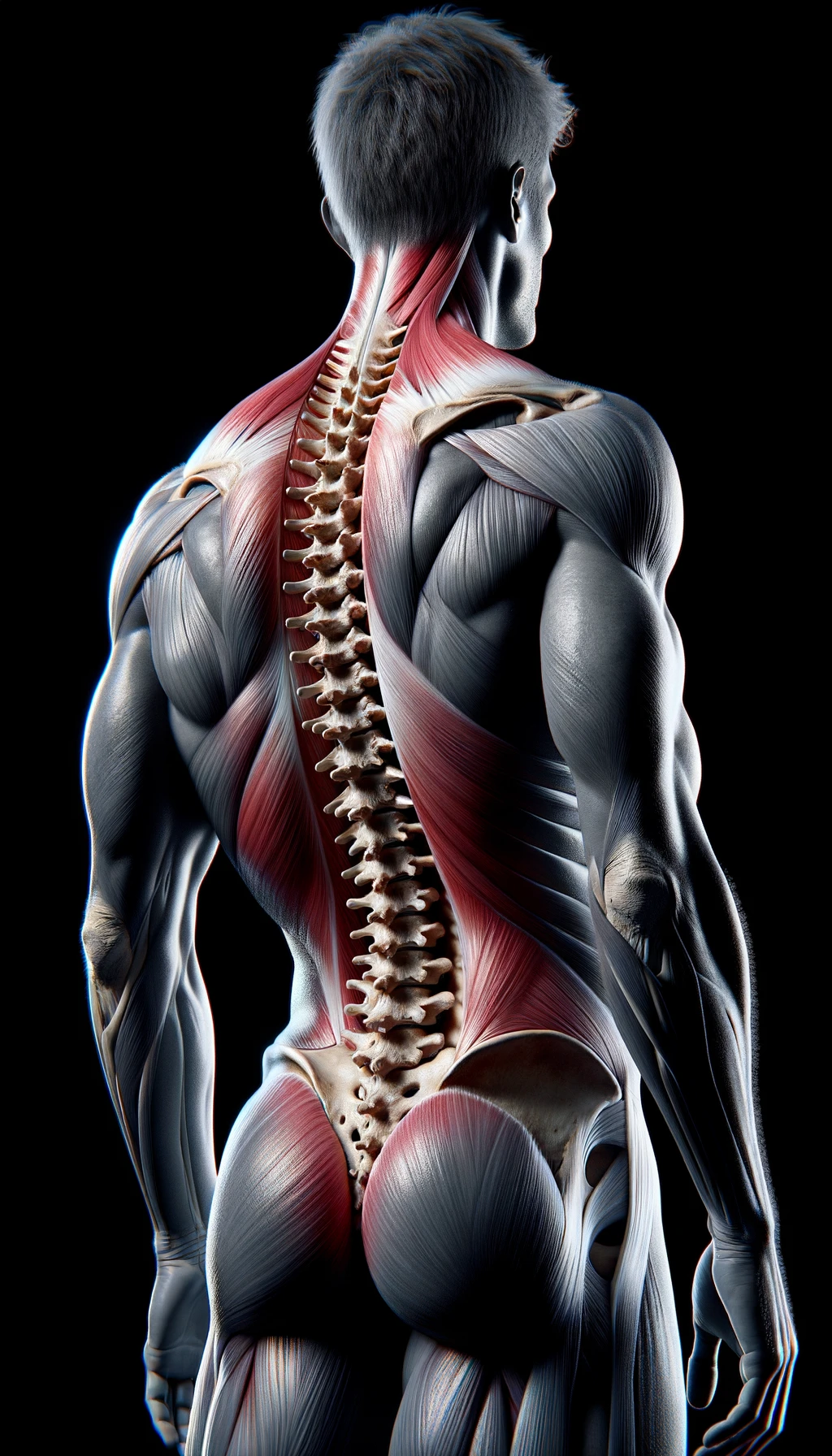 corpo umano anatomico di spalle e fisico storto, spina dorsale in evidenza, dolore alla schiena su un lato, iperrealistico 4k emoji