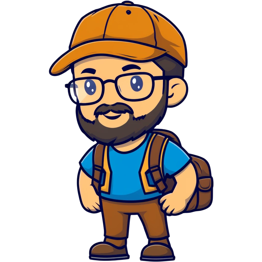 Adventurer with glasses, a beard and tan colored cap emoji
