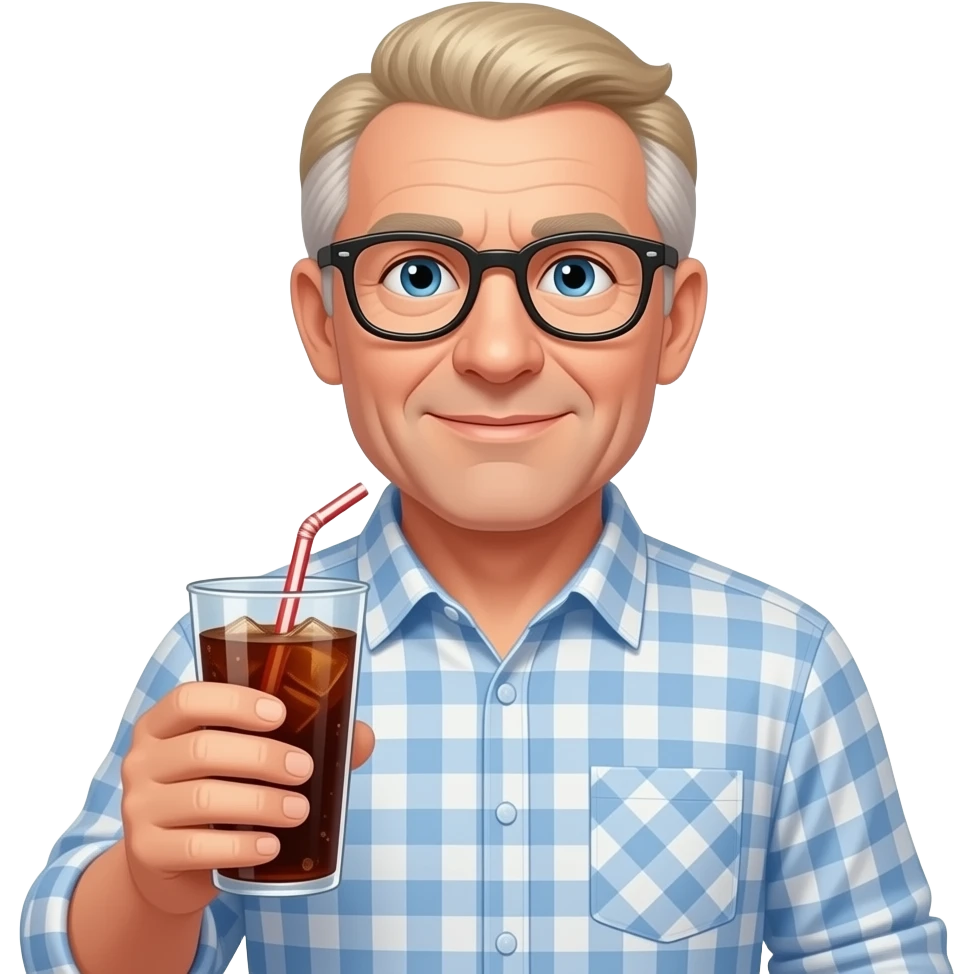 white nerdy man with no beard in his 60s - no glasses no defined jaw - wearing a button down -- with blond salt and pepper hair holding a cup of soda emoji
