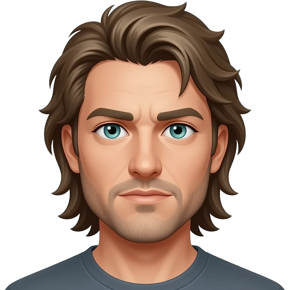 Mullet with side flares, hazel blue green eyes, some grays with mostly hazel hair, 5 o’clock shade beard emoji