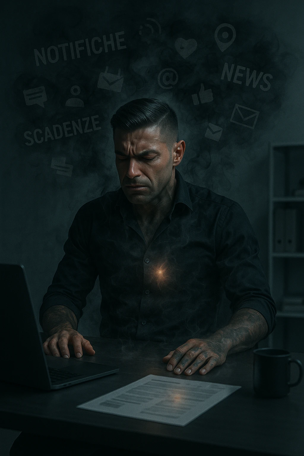 A highly realistic, cinematic image of a young man in his early 30s, sitting at a modern office desk under harsh artificial lighting, shoulders hunched, jaw clenched, and breathing shallowly, symbolizing how modern society forces people to live in a state of chronic tension and restricted breathing. Around him, faint black and grey visual elements represent notifications, deadlines, social media icons, and news alerts, swirling around his head like a chaotic storm, symbolizing societal pressure. His chest appears visually tight and compressed, and faint dark smoke emanates from his body, representing blocked breath and internalized stress. In contrast, a faint glowing light near his chest and abdomen tries to expand, symbolizing the innate desire of the body to breathe freely and deeply. The environment is cold and minimalistic, with a sense of stillness and tension, captured in a hyperrealistic 35mm film style with muted colors, focusing on the man's tense posture and restricted breathing to reflect the unseen burden of modern living. in italiano emoji