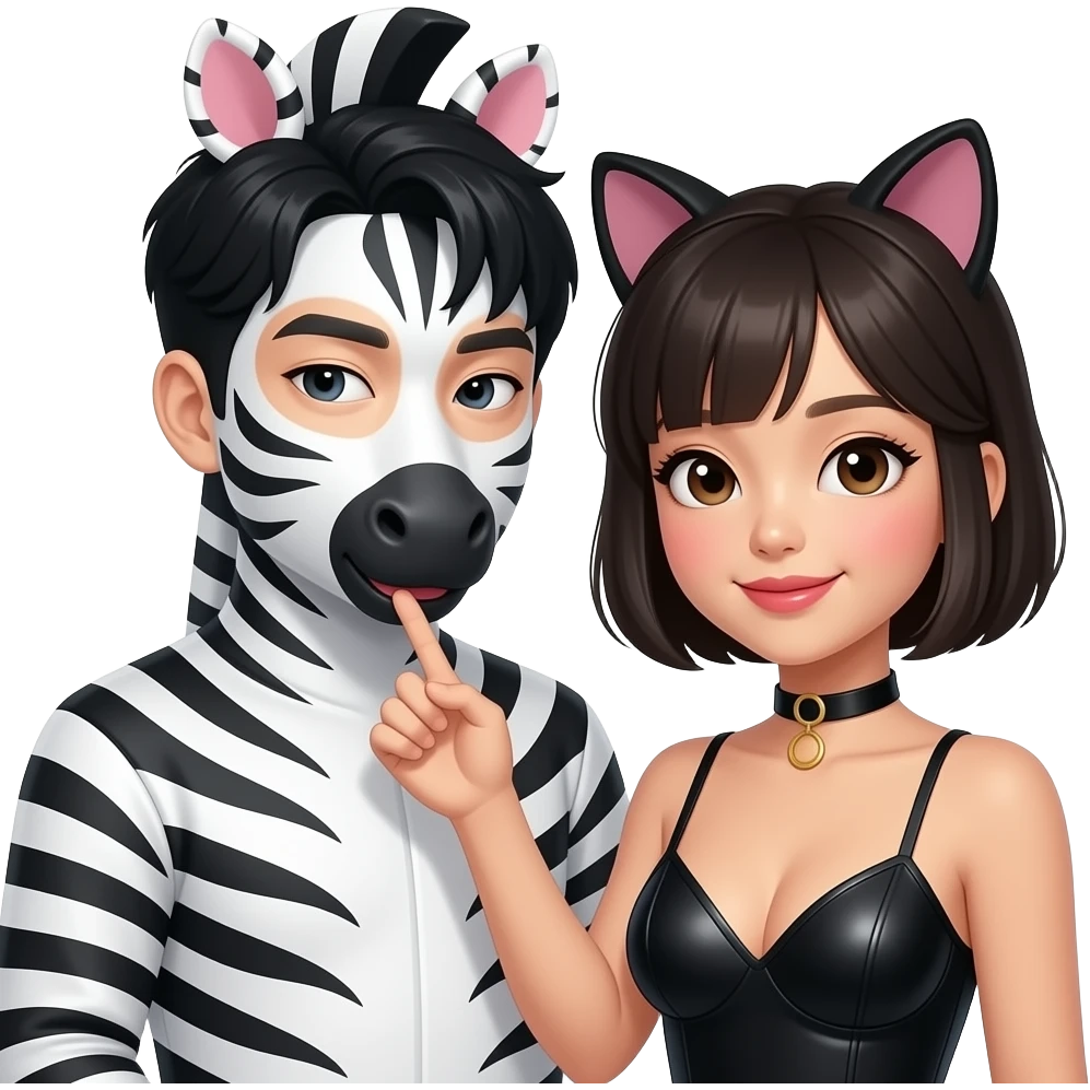 zebra cosplay korean guy(only cosplay, he has human head) is teasing cat cosplay filipina girl. she has short black hairs and light brown skin. and he has black short hairs and white skin. they are also wearing sexy hot clothes emoji