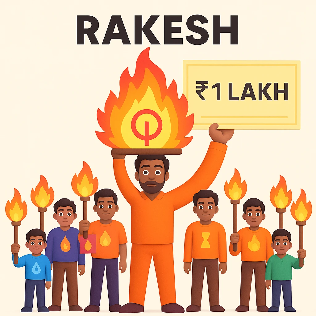 Add the name 'Rakesh' clearly above the godly figure and place a large 1 lakh check in his hand, keeping the fire, team, and divine theme. Ensure the name and check are readable and prominent. emoji