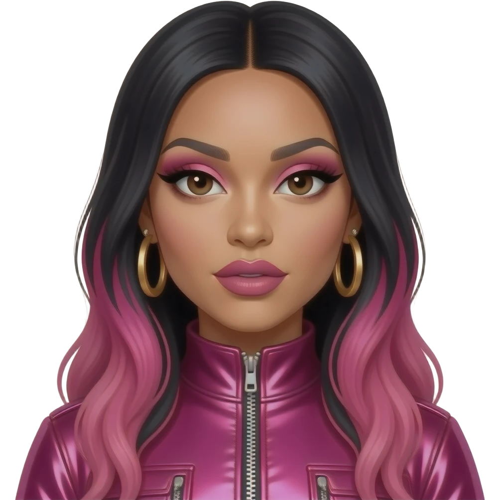 Nicki Minaj with dark brown eyes, long black hair with pink ombre, pink eyeshadow and lipstick, hot pink metallic hip-hop outfit, earrings emoji