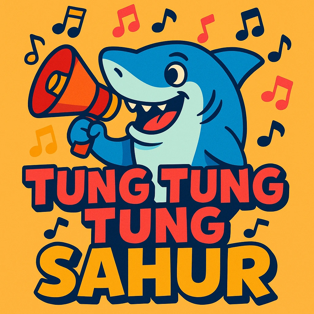 smiling shark with a megaphone, musical notes floating, 'tung tung tung sahur' in bold, cartoon style emoji